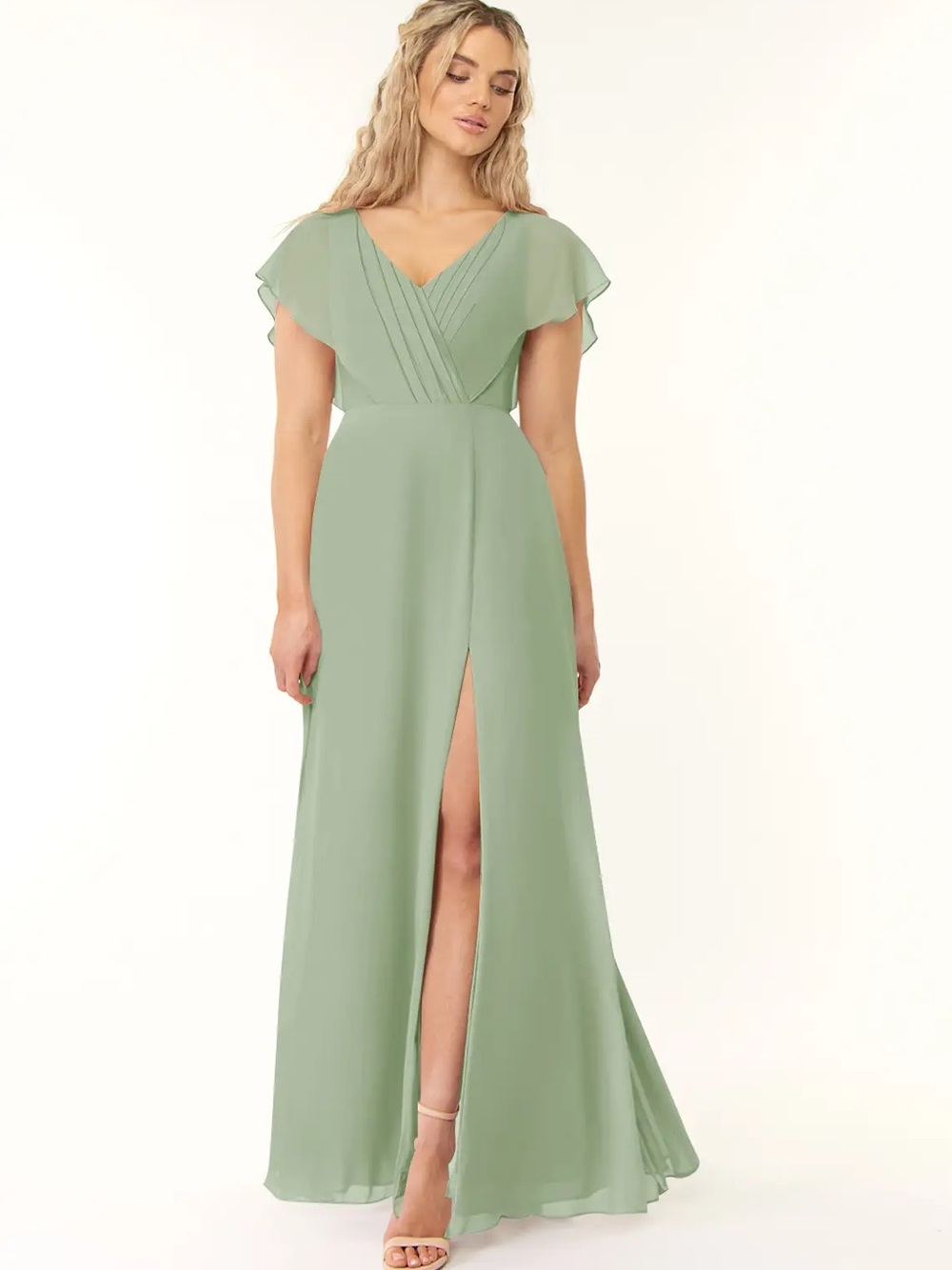 Azazie Sage Green V-Neck Flutter Sleeve Gown NWT